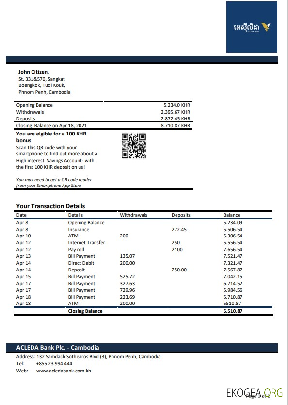 Modèle Word et PDF de relevé bancaire Acleda au Cambodge